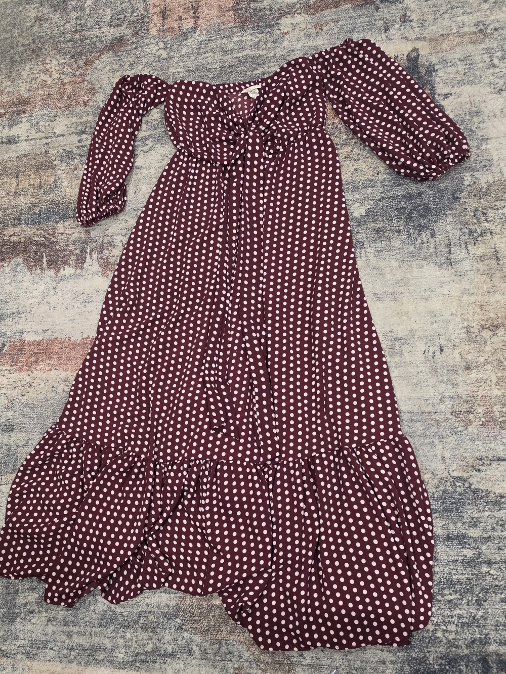Off-Shoulder Burgundy Polka Dot Maxi Dress with Tie Front